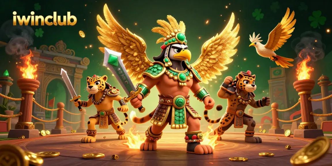 Engage with the dynamic iwinclub gaming arena featuring Aztec warriors amidst gold tokens and thrilling elements.
