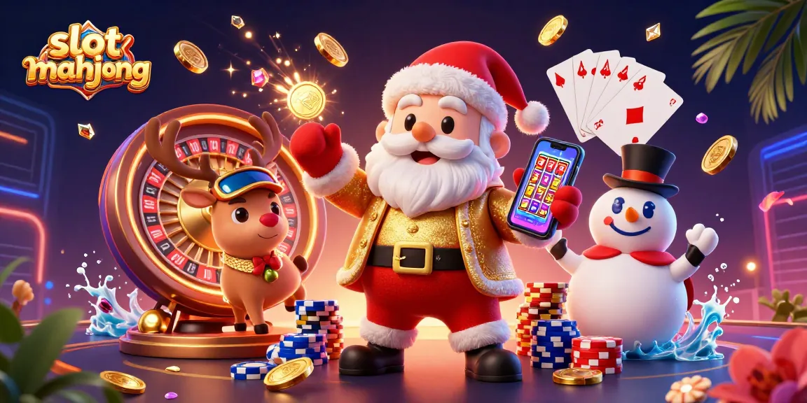 Engage with slot mahjong through a vibrant casino scene showcasing Santa, reindeer, and snowman with slot themes.
