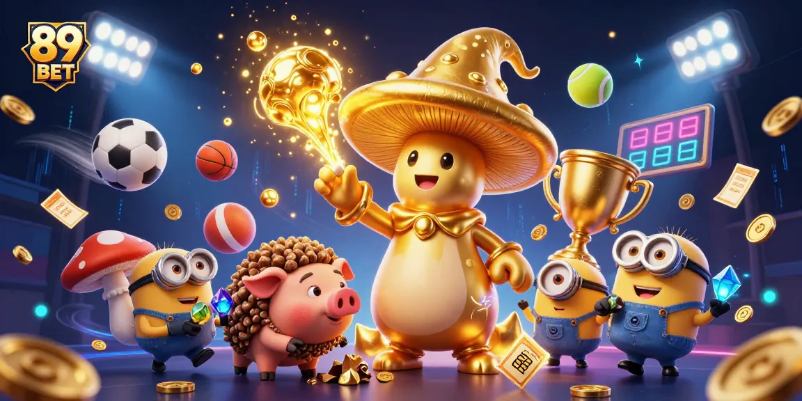 Engaging scene displaying 89 BET excitement with a golden mushroom wizard and sports elements.