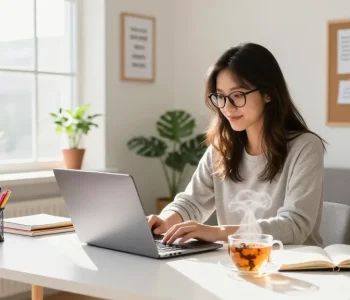 Creative blogging scene showcasing quality and authority blogs in a stylish home office, featuring a woman engaging with her laptop and bright, inviting decor.