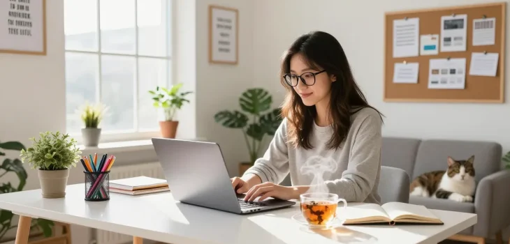 Creative blogging scene showcasing quality and authority blogs in a stylish home office, featuring a woman engaging with her laptop and bright, inviting decor.