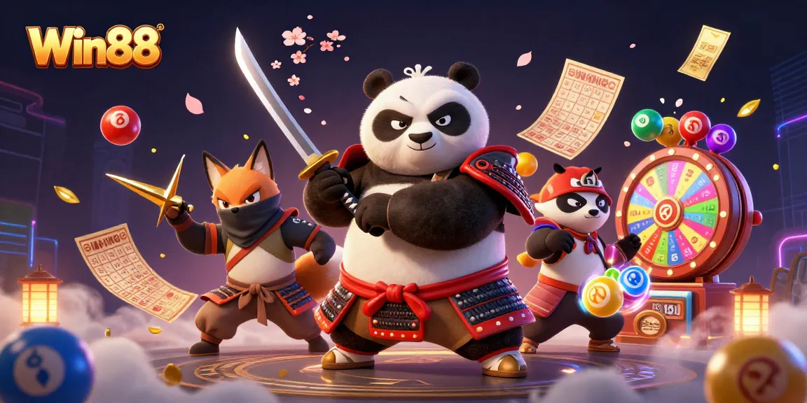 Win88 captivates players with vibrant lottery scenes and dynamic gaming elements in a 3D digital illustration.