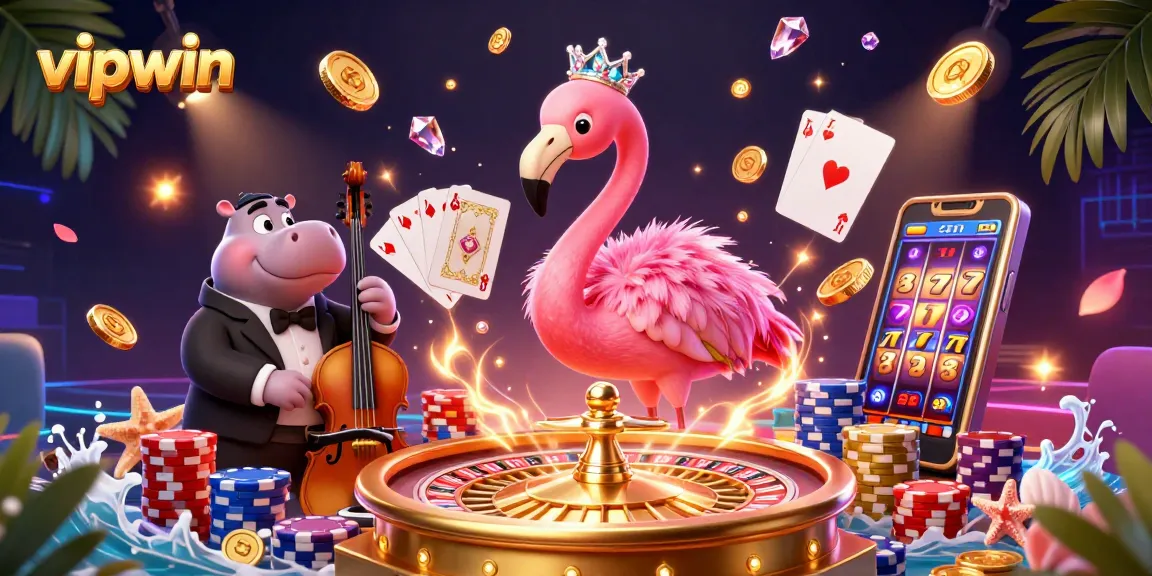 Experience the excitement at vipwin with vibrant game elements and dynamic characters in a lively casino scene.