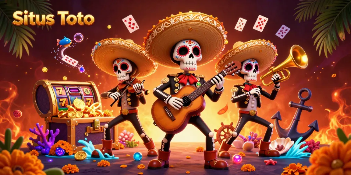 Experience thrilling gaming at Situs Toto with a vibrant mariachi scene highlighting slot machines and treasures.