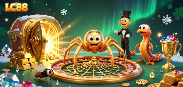 Engage in thrilling gameplay with LC88 as you spin the roulette wheel in a vibrant casino scene.