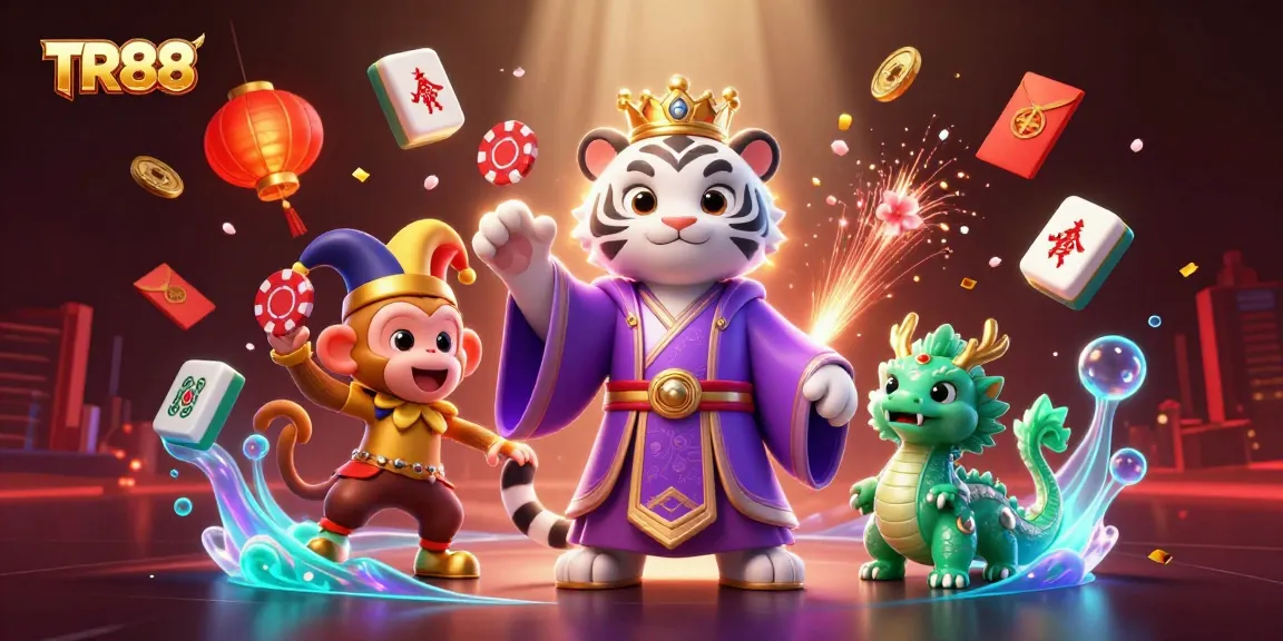Experience TR88 in a vibrant casino scene with a majestic white tiger, playful monkey, and mystical dragon.