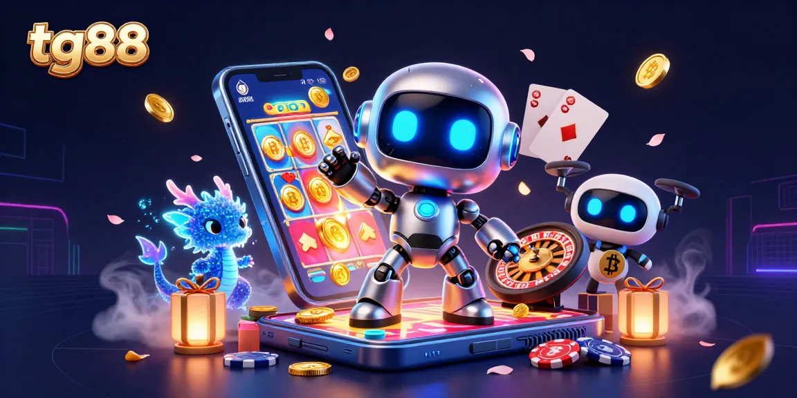 Engage with tg88 through a vibrant scene showcasing advanced gaming elements, including a futuristic robot and digital treasures.