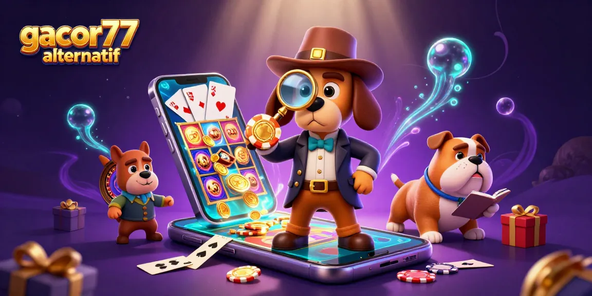 Melihat slot permainan gacor77 alternatif dengan detektif 3D dan teman bulldognya di atas latar belakang yang berkilauan.