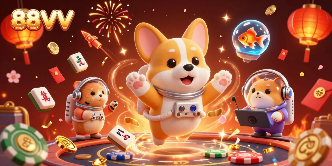 Engage with 88VV as a 3D astronaut corgi floats in a vibrant casino space, surrounded by thrilling gaming elements.