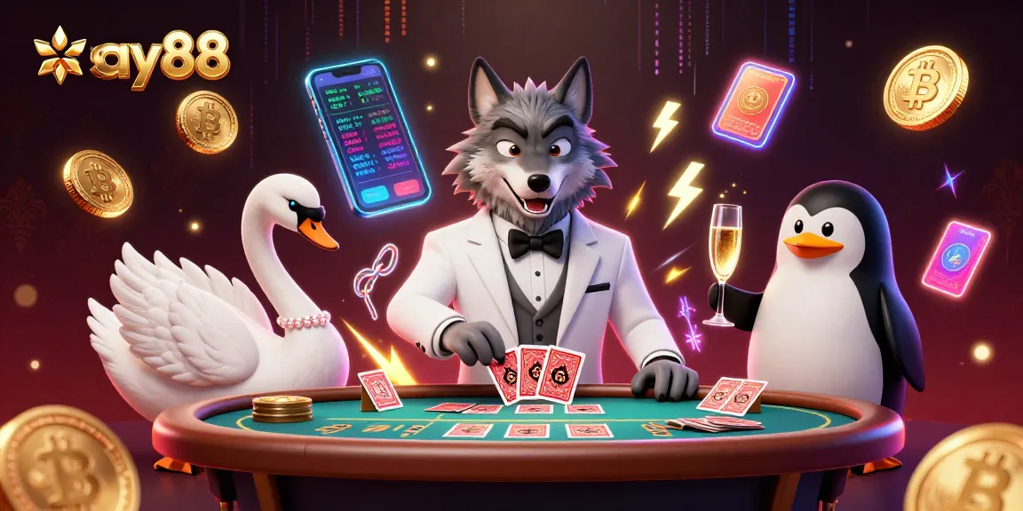 SAY88 illuminates the baccarat table as the debonair wolf plays cards with stylish casino ambiance.