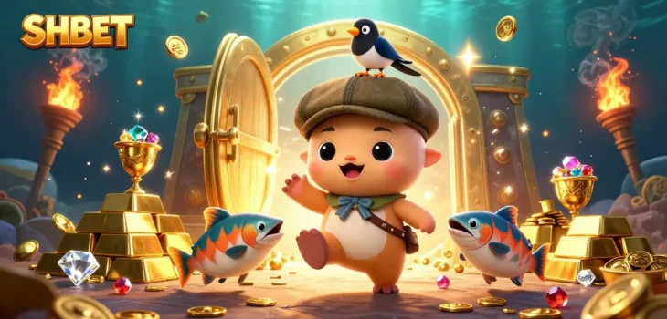 Experience SHBET's vibrant gaming world with dynamic 3D characters and golden treasures.