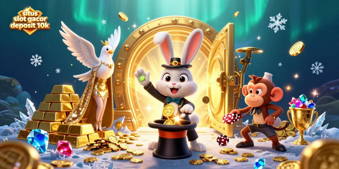 Spin to win at situs slot gacor deposit 10k with a magical scene of fun characters and casino treasures.