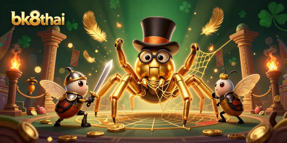Experience multiplayer gaming at bk8thai with a golden spider weaving webs between casino pillars.