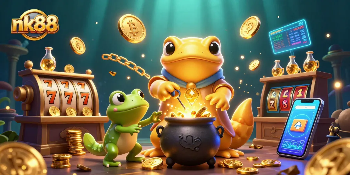 Experience the excitement of nk88 as a golden salamander alchemist transforms base metals into gold coins in a vibrant casino scene.