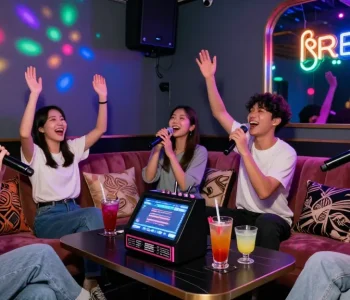 Karaoke experience in Gangnam with friends singing and celebrating at a vibrant bar.