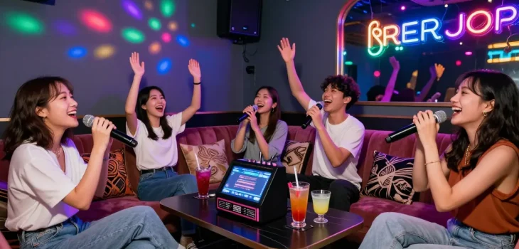 Karaoke experience in Gangnam with friends singing and celebrating at a vibrant bar.