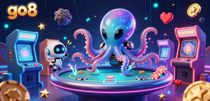 Engage with go8 as an alien octopus operates a holographic poker table floating in vibrant casino decor.