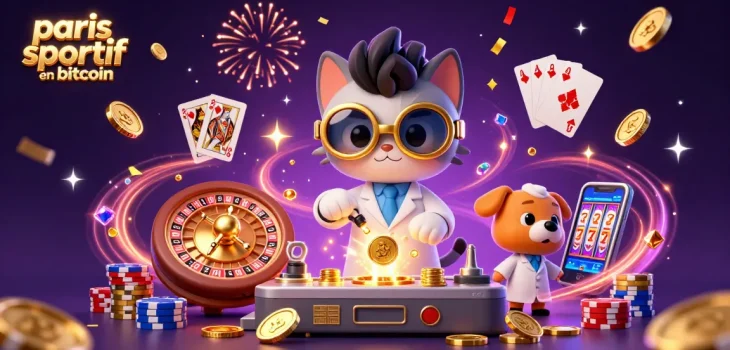 Placer des paris sportif en bitcoin avec des personnages animés au casino, entourés de pièces d'or et de jetons.