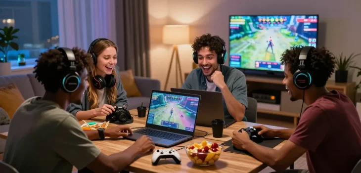 Engaged players analyzing 안전 토토사이트 features while enjoying gaming competition in a modern living room.