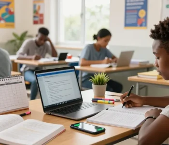Students studying for the 2026 WAEC runz exams with textbooks and a laptop in a bright classroom.