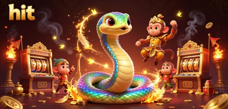 Spin to win with hit casino action, featuring a vibrant scene of a rainbow serpent and playful characters.