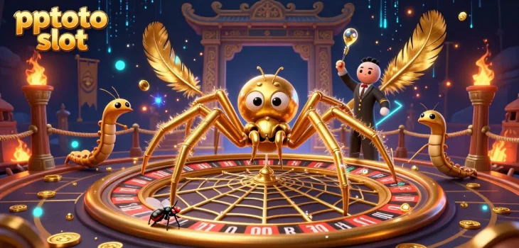 Experience gaming excitement with pptoto slot featuring a golden spider, dynamic roulette wheel, and croupier.