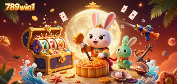 Experience thrilling moments with 789win1 as a moon rabbit plays in a vibrant casino scene.