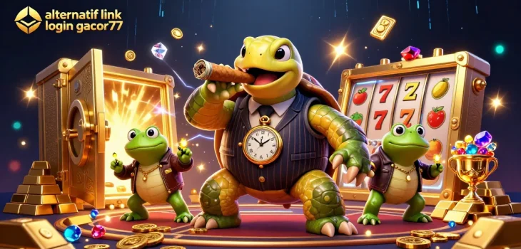 Spin the reels of alternatif link login gacor77 in a rich 3D casino illustration of a snapping turtle and bullfrogs.