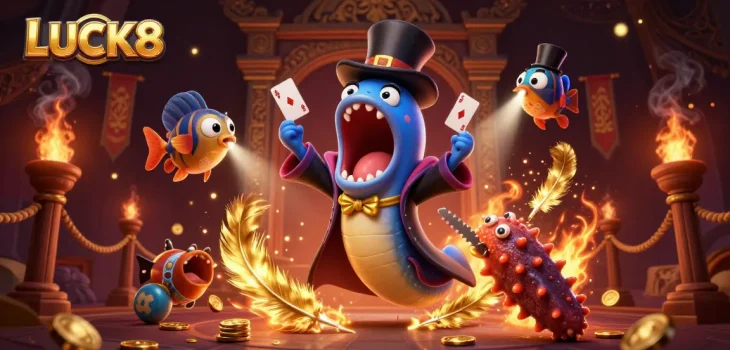 LUCK8 showcases exclusive casino magic with unique characters performing card tricks in a vibrant 3D scene.