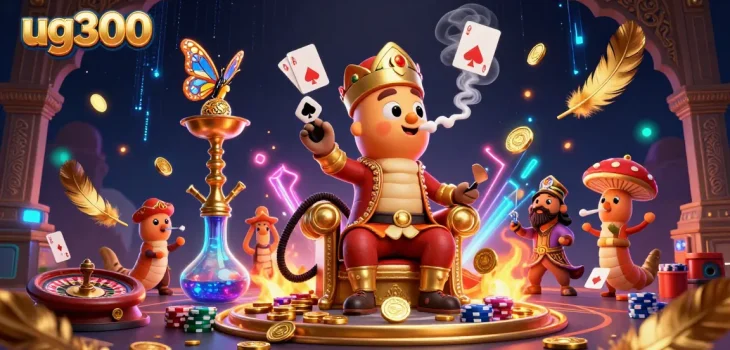 Menyaksikan kemenangan dengan tema ug300, ilustrasi kasino 3D yang penuh aksi, dengan simbol kartu poker di antara asap