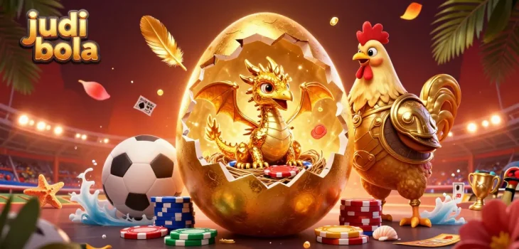 Engage in judi bola betting with a shimmering golden dragon and sports elements in a vibrant setting.