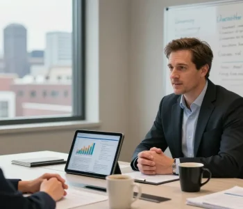 Clinton Orr consulting clients in a modern office setting, showcasing financial plans and investment strategies