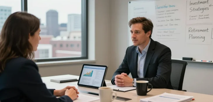 Clinton Orr consulting clients in a modern office setting, showcasing financial plans and investment strategies