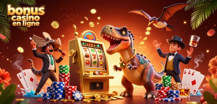 Illustration dynamique de bonus casino en ligne avec des dinosaures dans un casino, attestant des jackpots.