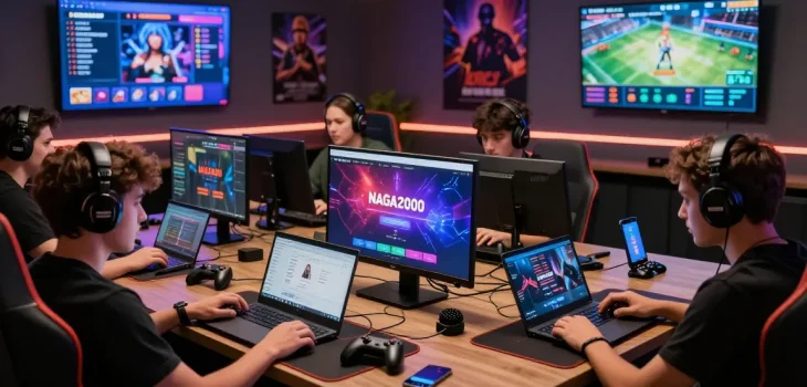 NAGA2000 LOGIN interface displayed by gamers in a modern gaming lounge, showcasing user-friendly features and vibrant graphics.