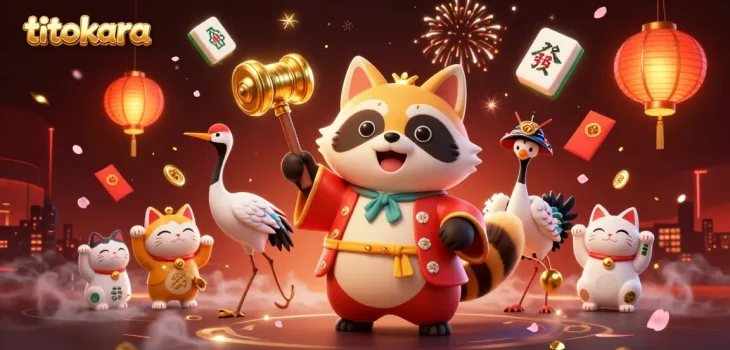 Experience titokara's vibrant gaming scene with cheerful characters, lucky symbols, and festive decor in this animated illustration.