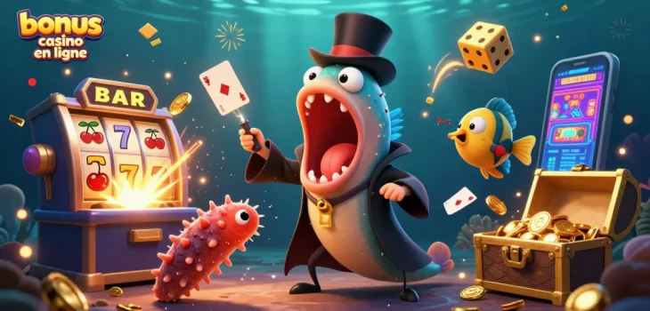 Image représentant une scène dynamique de "bonus casino en ligne" avec des personnages sous-marins jouant à des jeux de casino.
