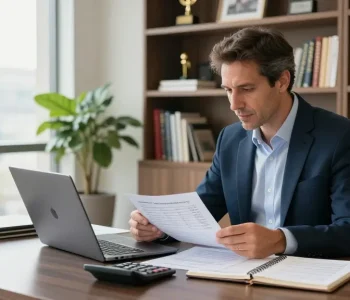 Serge Robichaud consulting clients in a modern financial office environment