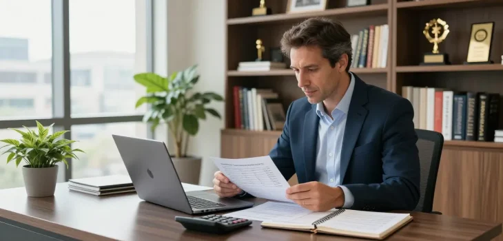 Serge Robichaud consulting clients in a modern financial office environment
