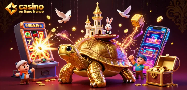 Jouez au casino en ligne France avec une scène dynamique de tortue dorée et des jeux de machines à sous.