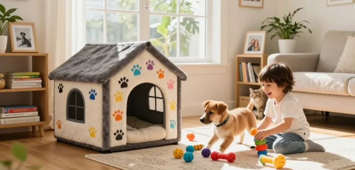 A playful puppy enjoying toys in a cozy living room, NAGA2000 pet lifestyle.