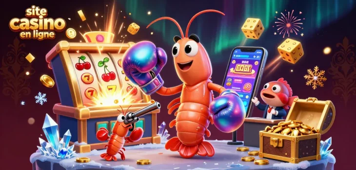 Les personnages colorés se lancent dans le site casino en ligne, entourés de symboles de jeux et de sacs d'or.