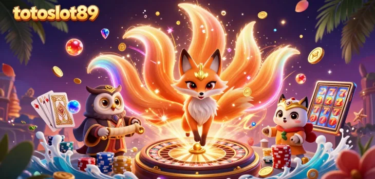 Win big at totoslot89 with this vibrant 3D illustration featuring a glowing nine-tailed fox and dynamic casino elements.