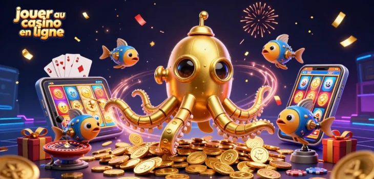 Jouer au casino en ligne tout en explorant des trésors marins d'or avec un kraken et des poissons mécaniques.