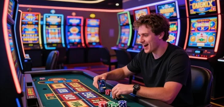 Player engaging with Fortune Ox slot machine in a vibrant casino atmosphere with neon lights.