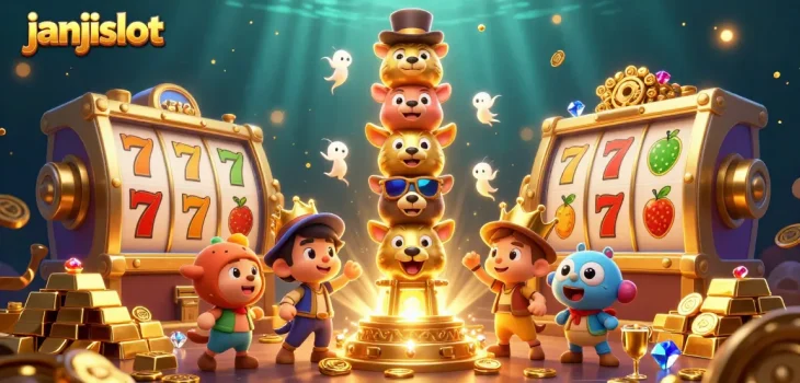 Experience the excitement of janjislot with vibrant slot reels and a golden totem pole in this captivating scene.