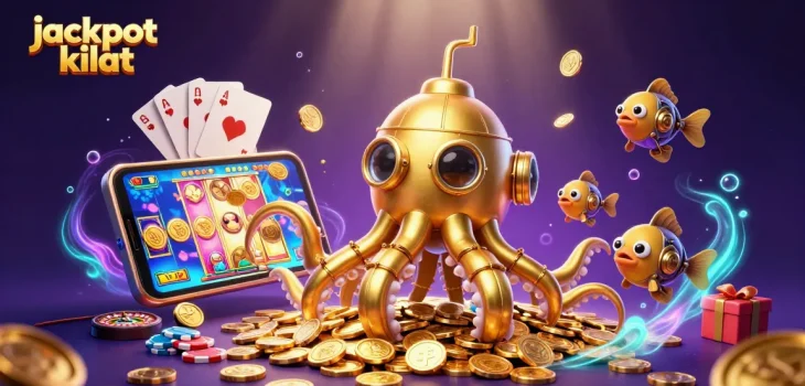Experience jackpot kilat magic as a golden kraken submarine emerges from coins, celebrating gaming excitement.