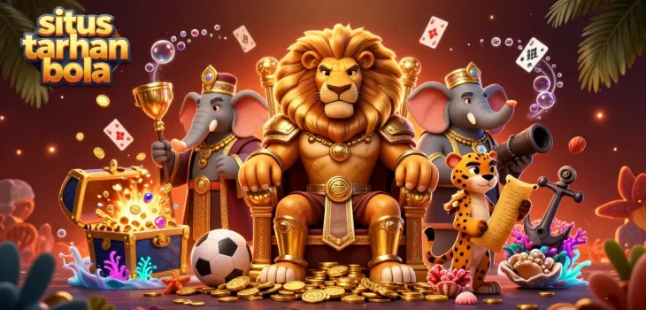 Situs taruhan bola illustrated scene with a lion king, elephant advisor, and cheetah messenger amidst sports betting elements.