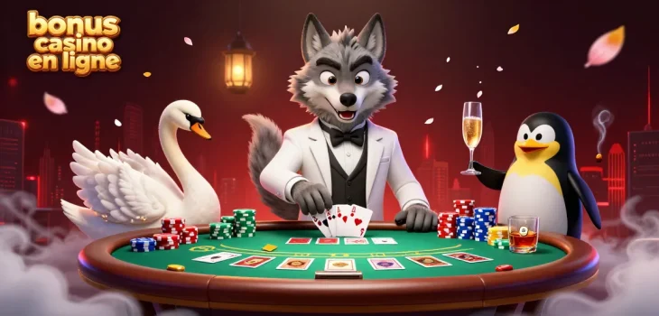 Illustration captivante de bonus casino en ligne avec un loup élégant et un cygne distribuant des cartes en milieu de jeu.
