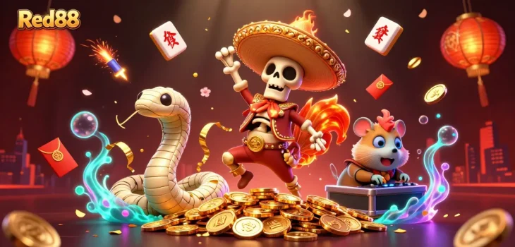 Win big at Red88 with a festive scene featuring lively characters celebrating amidst vibrant casino elements.